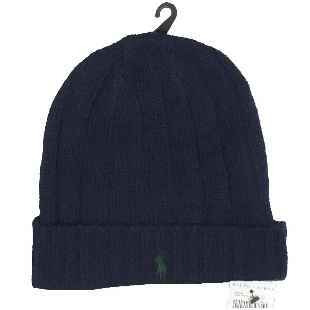 NEW Polo Ralph Lauren Winter Beanie Hat! Navy With Green Polo Player Ribbed